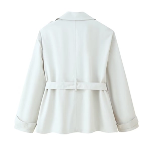 Back view of a white loose short trench coat for women with matching waist belt and long sleeves