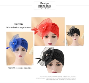 Macro detail of cotton turban hat featuring mesh flower and decorative white pearl accents