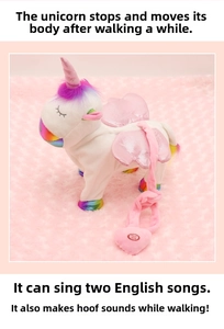 Detail showing pink heart-shaped press button on walking unicorn plush toy controller