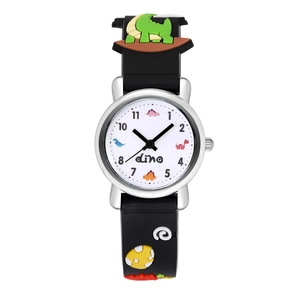 Kids dinosaur quartz watch with colorful rainbow silicone strap and silver metal case