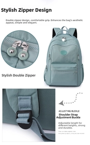 Detail of mint nylon backpack featuring metal zippers and adjustable shoulder straps