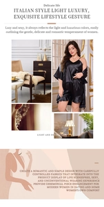 Detailed view of black satin lounge set with robe, camisole, and ruffled shorts