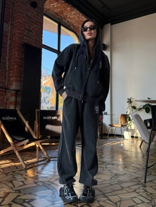 Ensemble jogging et sweat à capuche en coton délavé gris foncé de style vintage