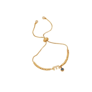 Adjustable gold beaded bracelet with letter E pendant and blue evil eye charm