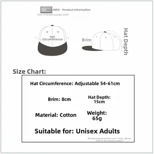 Detailed size chart for bionic camouflage baseball cap with adjustable strap and measurements
