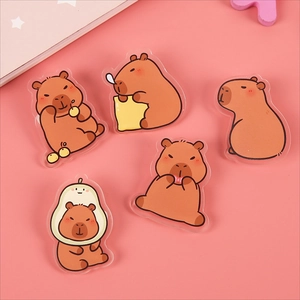 Set of five cute acrylic capybara badges in various poses on a pink background