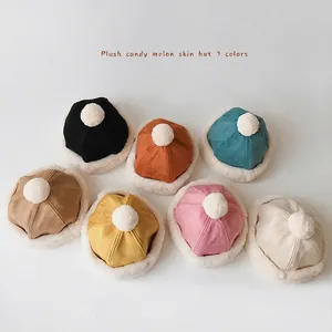 Winter Kids Faux Suede Beanie Hat Thickened Warm Faux Fur Trim Skull Cap With Pompom Polyester Children Landlord Hat