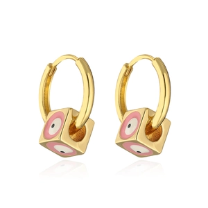 18K gold plated hoop earrings with colorful enamel evil eye cube pendants on white background