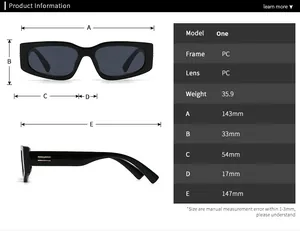 Detailed size chart for retro rectangular sunglasses with frame dimensions and weight
