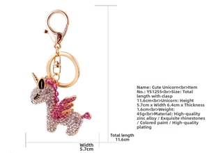 Size specifications for crystal unicorn keychain with pink rhinestones and dimensions