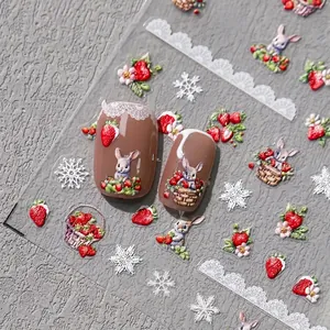 5D embossed rabbit and strawberry nail art stickers with snowflake lace detail