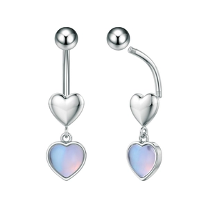 Macro view of silver belly button ring with double heart charms and opal stones