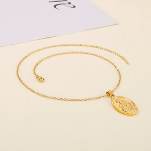 Gold stainless steel oval Virgin Mary pendant necklace with cross chain for women