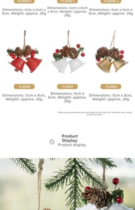 Detail of Christmas bell ornaments with pine cones and red berries in various sizes