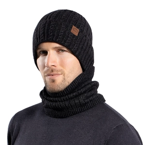 Winter 3-piece knitted beanie hat and neck warmer set in black with warm fleece lining