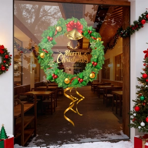 Christmas wreath window sticker with green pine, red bow and Merry Christmas text