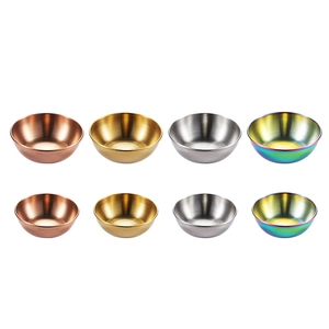8-piece set of large stainless steel sauce dishes in gold, silver, and multicolor finishes