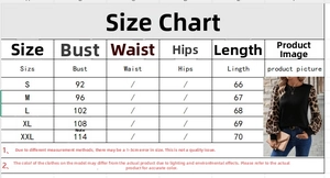 Detailed size chart for long sleeve patchwork t-shirt including bust and length measurements