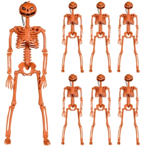 Halloween Pumpkin Head Skeleton Decoration Plastic Poseable Joints Orange Full Body Hanging Prop Haunted House Decor