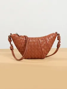 Woven PU Leather Crossbody Bag Moon Shaped Hobo Handbag With Knotted Strap Zipper Closure Fashion Casual For Women