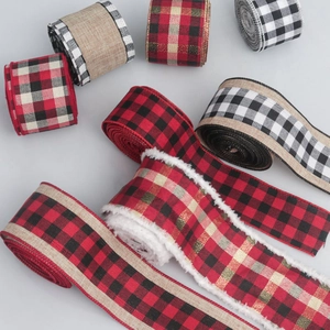 Assorted Christmas faux linen plaid ribbons with red, black, and white decorative patterns