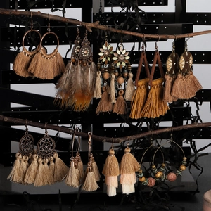 Vintage Bohemian Tassel Feather Drop Earrings With Wood Beads And 925 Sterling Silver Earring Post Ethnic Jewelry Women
