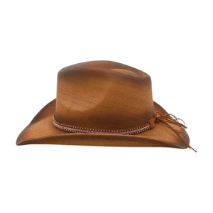 Detailed view of brown woven western cowboy hat with studded band and curved brim