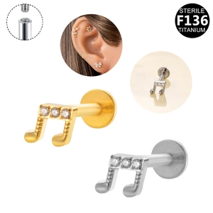 F136 Titanium musical note labret stud with white zircon, flat back design
