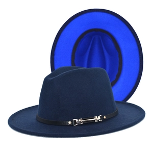 Detail of navy blue wool fedora with royal blue lining and black leather band decoration