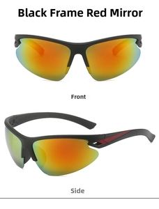 Front and side views of semi-rimless cycling sunglasses with black frame and red mirror lenses