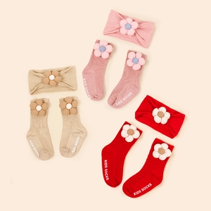Bandeau Bébé Et Chaussettes Antidérapantes Coton Peigné Nylon Doux Tricot Jacquard Décor De Fleurs 3D Respirant Nourrissons