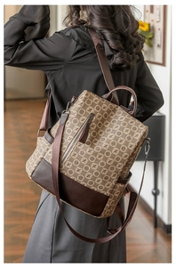 Close-up of vintage brown monogram pattern and premium synthetic leather texture of the backpack