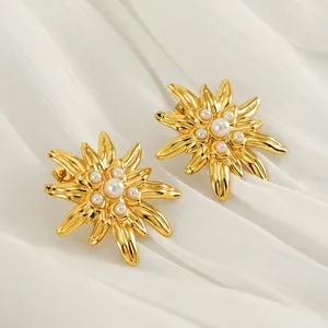 Vintage Flower Stud Earrings 18K Gold Plated Stainless Steel With White Artificial Pearls Starburst Geometric Jewelry For Women