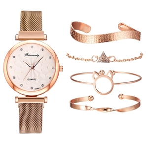 Orologio Al Quarzo Da Donna E Bracciali Gioielli Lega Cinturino In Maglia Fibbia Magnetica Quadrante Geometrico Strass Elegante
