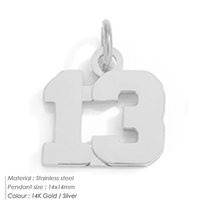 Detailed view of number 13 charm pendant made of silver stainless steel measuring 14x14mm