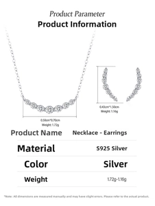 Size chart and specifications for S925 sterling silver diamond necklace and earring set