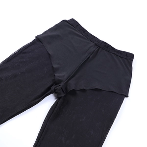 Detailed view of sheer black floral lace fabric and mesh texture on flared trousers