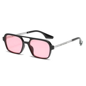 Retro square sunglasses with black frame, pink lenses and silver metal openwork temples