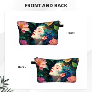 Polyester makeup bag with blue-haired girl illustration showing front and back views