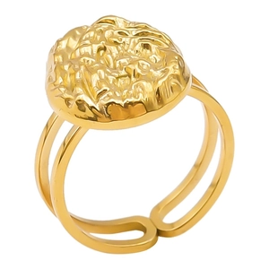 Adjustable golden stainless steel ring featuring irregular hammered texture and double bands