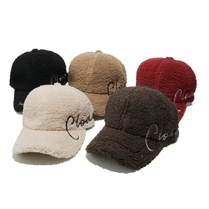 Fuzzy lamb wool baseball caps with Clown embroidery in black khaki and white