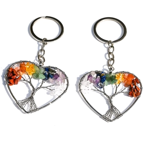 Detail of handmade heart-shaped tree of life keychains with colorful crystal stones