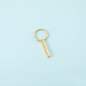 Close-up of polished gold rectangular bar pendant on a minimalist stainless steel keychain