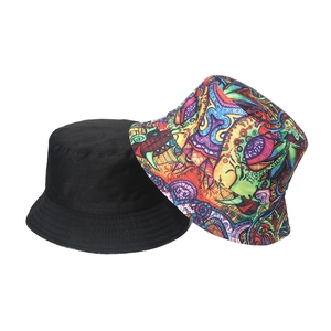 Reversible bucket hat with solid black and colorful psychedelic graffiti print options