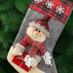 Large grey Christmas stocking with snowman design on pine branches for holiday gift bag