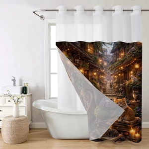 Detail of waffle weave shower curtain featuring vibrant fantasy cat village illustration