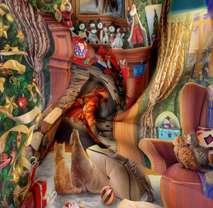 Detail der Weihnachtstapestry-Stoff mit weicher Textur und festlichem Kamindruck