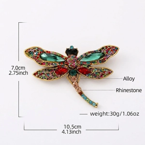 Large vintage dragonfly brooch with multicolored rhinestones and dimensions overlay
