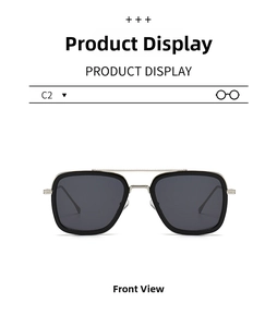 Front view of C2 square aviator sunglasses with silver metal frame and dark lenses