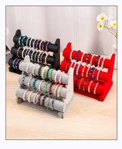 Three-tier jewelry display stand with black leather, red and grey velvet finishes